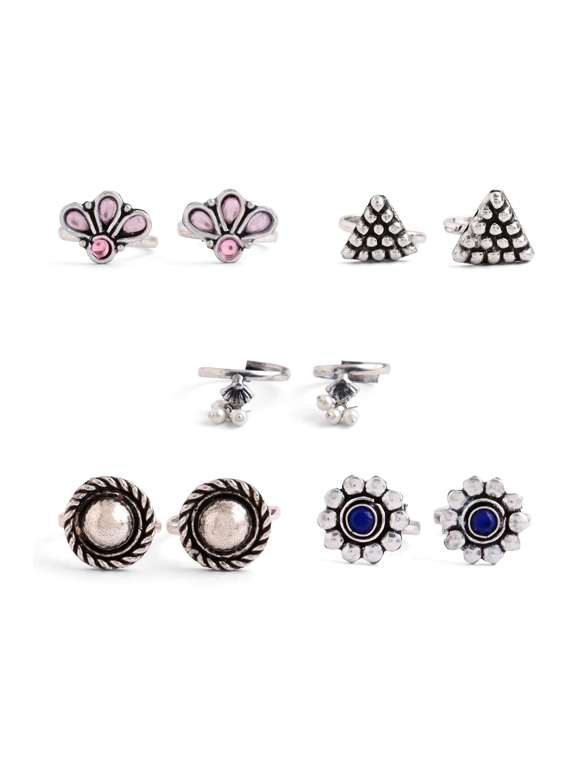 qiroko Rangriti Oxidized Silver Plated Toe Rings Set for Women - 5 Pcs Adjustable Statement Bichhiya with Pink & Blue Stones, White Pearl Beads Charm - Fancy Foot Fashion Jewelry-picture-13