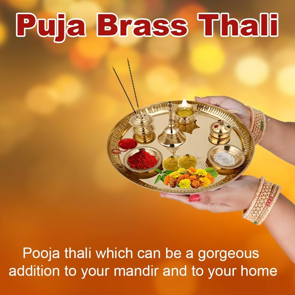 Hashcart® Brass Puja Thali Set (8.75 Inch, Medium) - Puja Thali Aarti Thali for Home Mandir, Temple | Diwali Decoration, Diwali Thali