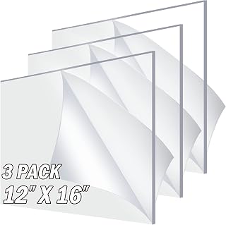 3 Pack Acrylic Sheet Plexiglass 12" x 16" x 1/8" Thick, Clear Cast 3mm 12x16 Plexi Glass Panel Use for Craft Projects, Picture Frames, Laser Engraving Sign Blanks or Cutting to Display Sizes.