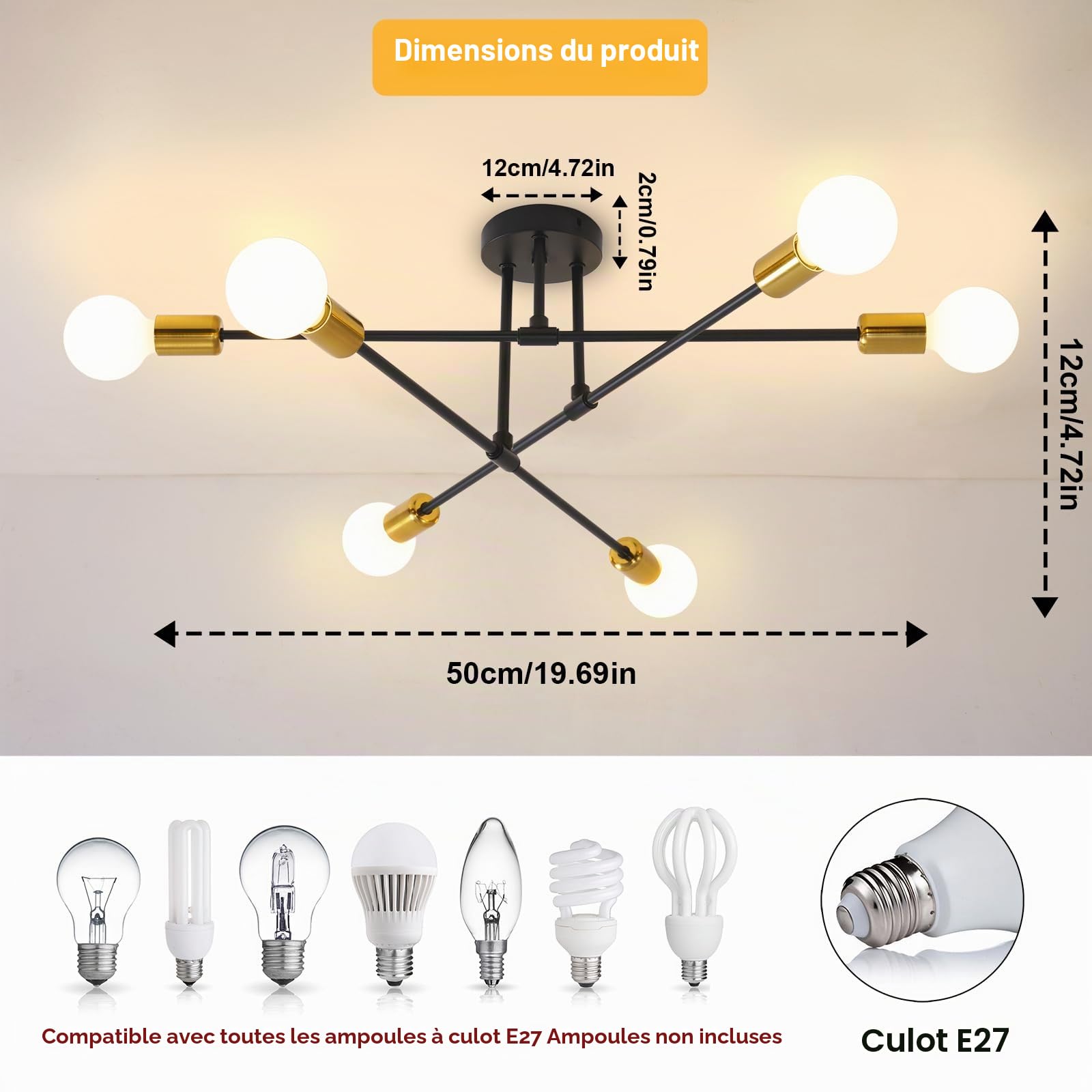 Plafonnier 6 ampoules 60 W - Culot E27 - Lustre rétro Sputnik - Plafonnier pour chambre à coucher, salon, cuisine - Ampoules non incluses