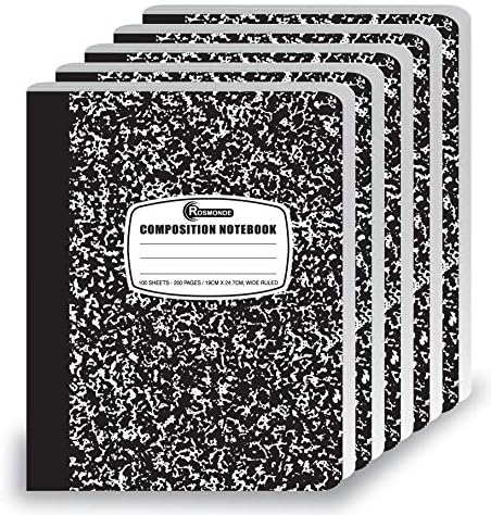 Rosmonde Composition Notebooks Wide Ruled 5 Pack, 200 Pages (100 Sheets), 9-3/4 x 7-1/2", Black & White Marble Composition Notebook, Sewn Binding Hard Cover, School & Office Supplies, Composition Book