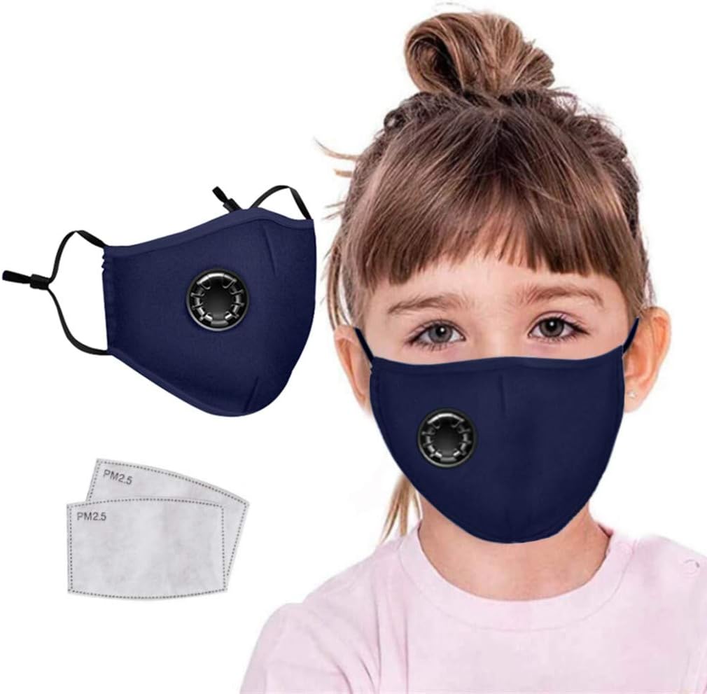 Kids Baby Washable Cotton Anti Dust Reusable Comfortable Ear Loop Adjustable Pm2.5 Dustproof Windproof Outdoor For Students (1pcs navy+ 2 x Filter)