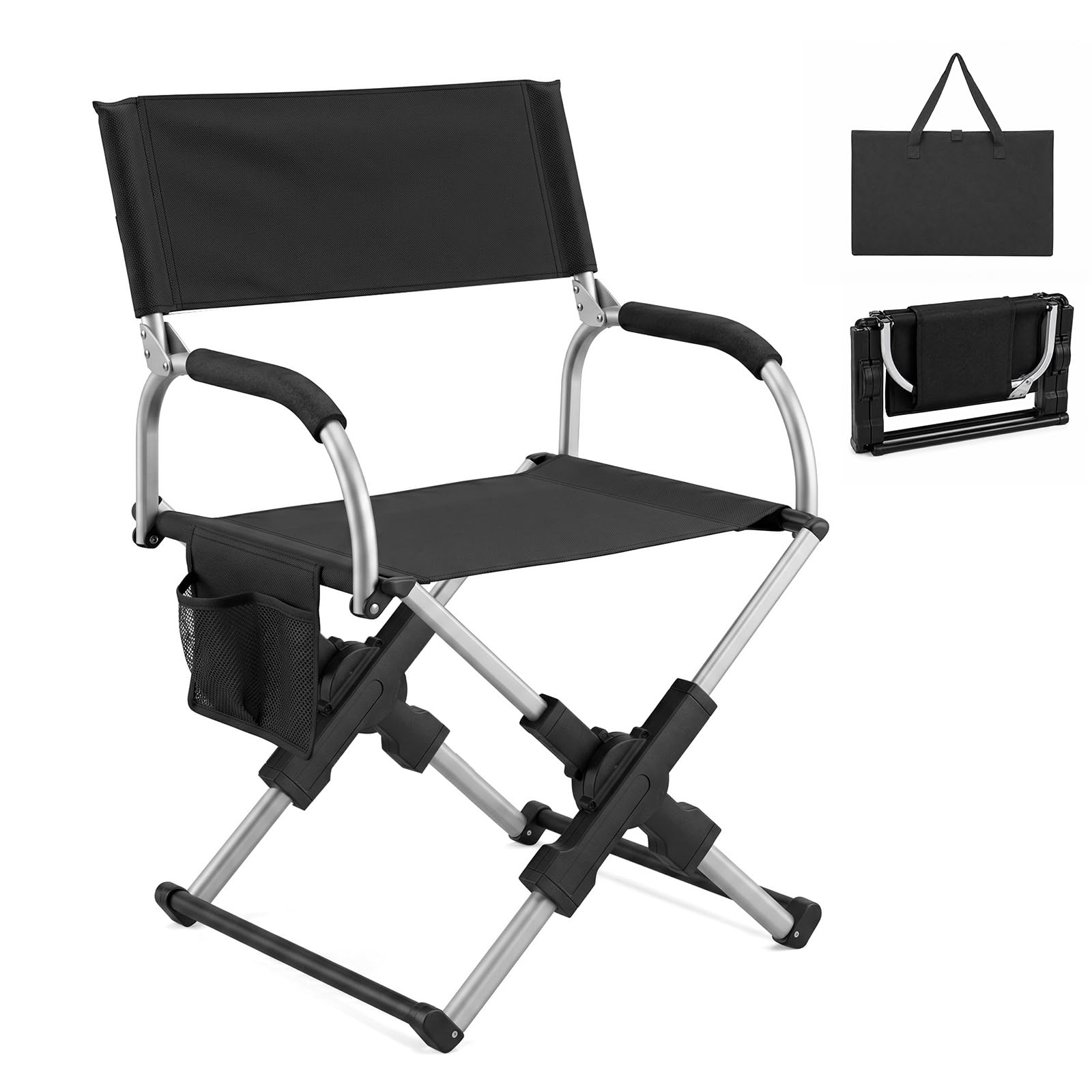 Faltbarer Campingstuhl mit Armlehnen und Rückenlehne, Schwerlast Outdoor Klappstuhl aus Aluminium, Tragbarer Angelstuhl für Camping, Picknick & Garten, Charcoal Schwarz