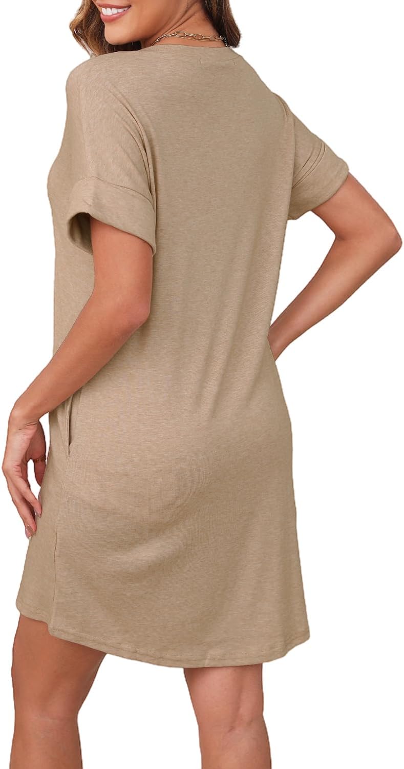 YEXIPO Womens Summer Dresses 2025 Short Sleeve V Neck Loose Casual Solid Color Tshirt Dress with Pockets - Image 4