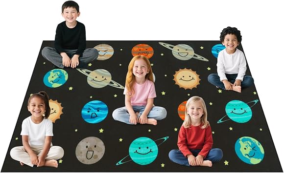 STARUIA Classroom Rug with Planet Smiley Face, 5x7.6 Educational Circle Time Rug for Classroom Preschool Daycare, Non-Slip Classroom Carpet Kids Rugs for Playroom and Teaching, Seats 20, Black