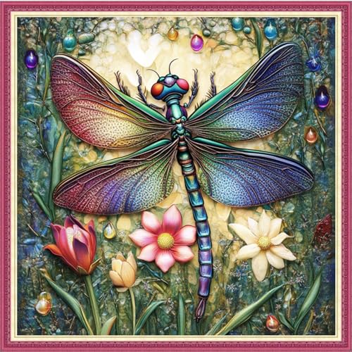 Image of Fanxvivy Stamped Cross Stitch Kits for Beginners Full Range of Cross Stitching Preprinted Embroidery Kits for Adults, 11CT Embroidery Pattern Needlepoint Kits-Dragonfly Flowers 18x18 inch