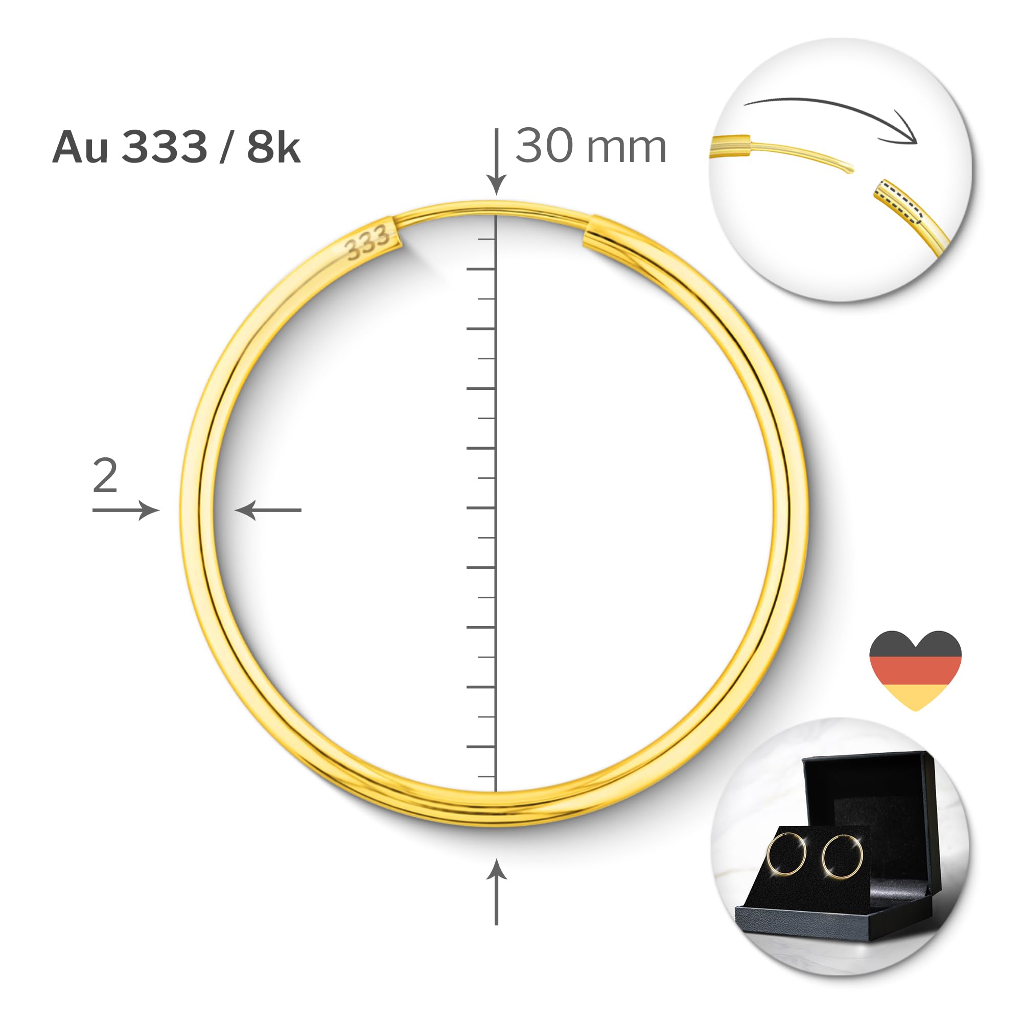 EDELIND Orecchini a cerchio 30 mm 18 K 14 K 9 K 8 K Oro giallo Orecchini da donna, 2 mm di larghezza Orecchini Donna con confezione regalo