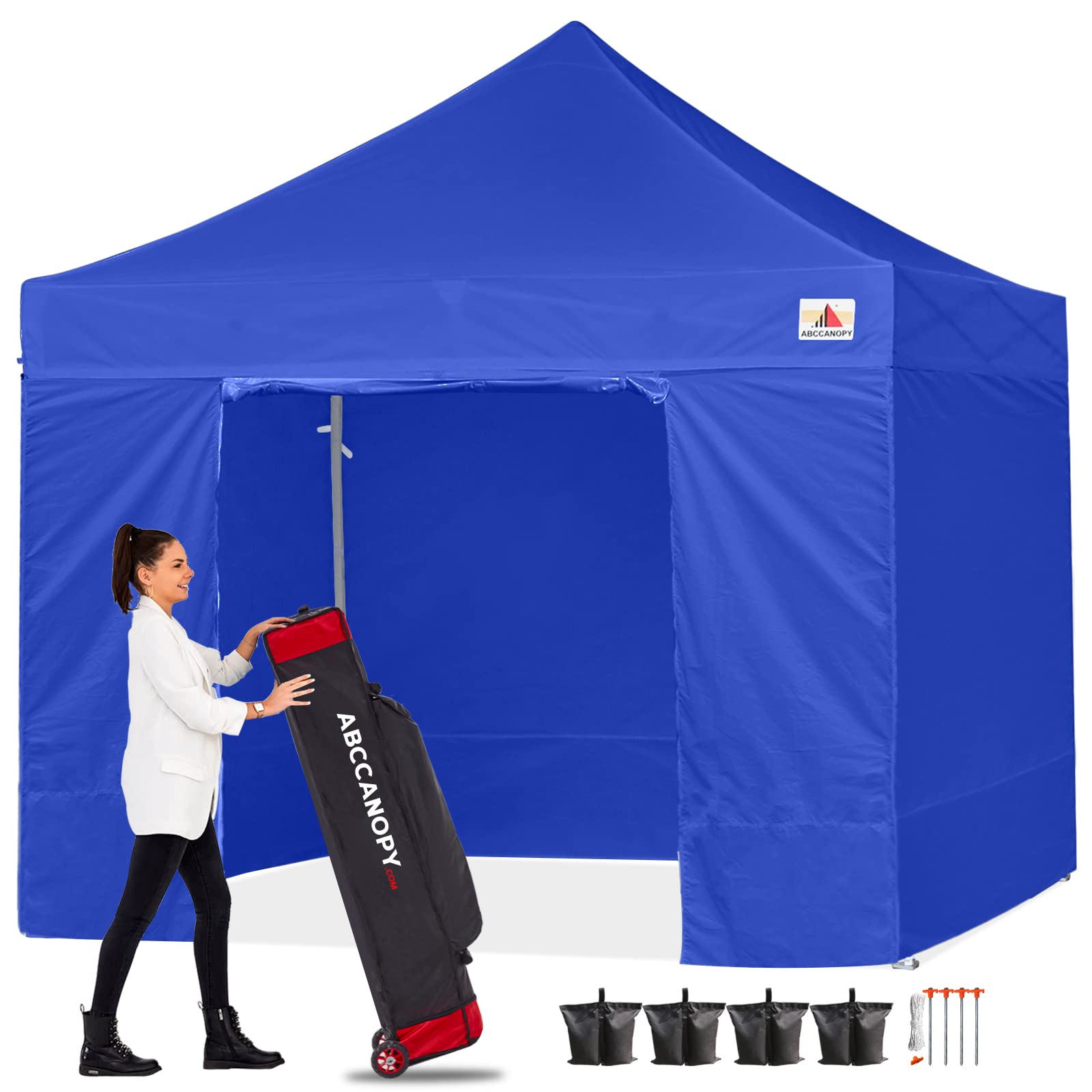ABCCANOPY 【在庫一掃】 タープテント 3mx3m 2.5mx2.5m 横幕4枚（サイドシート3枚 ドアシート1枚付き） 大型テント 6-8人用 タープ テント 日除け タープ 遮光 遮熱 ワンタッチテント てんと テントタープ 3段階調節 丈夫 スチールフレーム イベントテント アウトドア キャンプ 運動会 祭り用 キャスターバッグ付き ブルー 2.5m