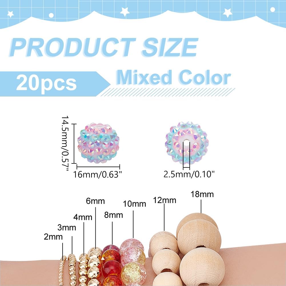 PH PandaHall 16mm Rhinestone Beads 20pcs Focal Beads Resin Crystal Chunky Beads Round Disco Ball Beads Loose Beads for Pen Garland Bracelet Necklace Jewelry Making Mix Colors, Hole: 2.5mm - Image 3