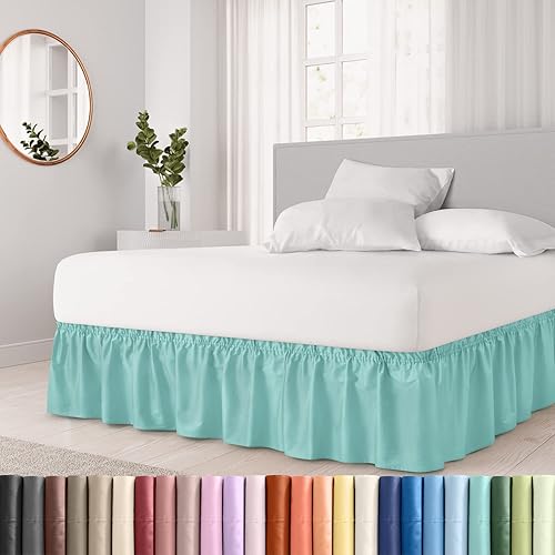 CGK Linens - Falda de cama envolvente con volantes, color azul spa, para camas de tamaño Queen con caída de 12 pulgadas, correa elástica de fácil