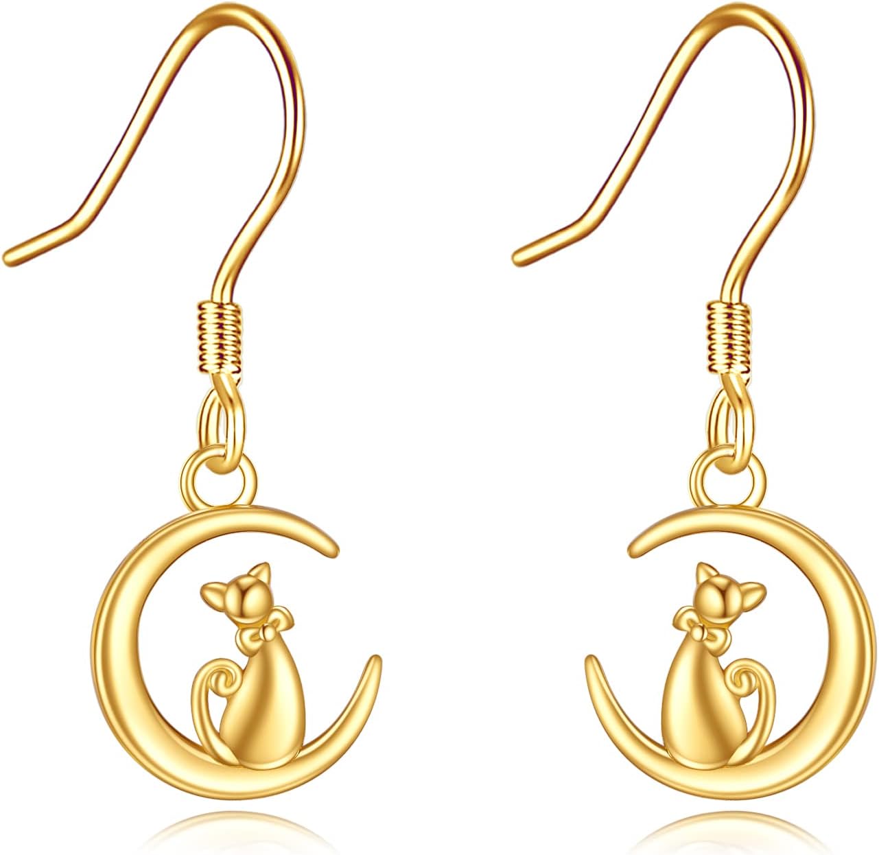 Cat Earrings Gifts for Women 14K Yellow Gold Animal Cat Drop Earrings Moon Earrings Jewelry Birthday Gifts