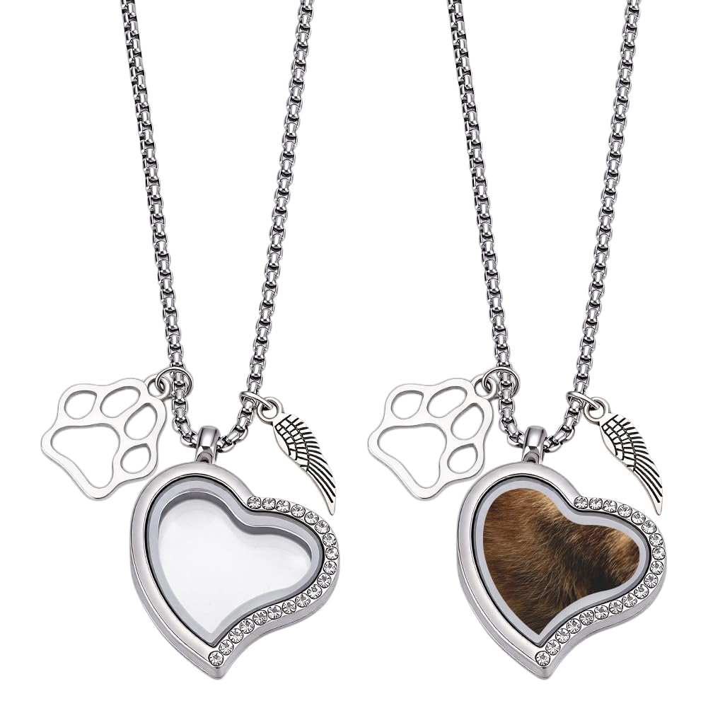 NBEADS 2Pcs Pet Fur Jewelry Keepsake Necklace, Stainless Steel Crystal Rhinestone Pet Ashes Memorial Keepsake Urn Pendant Necklace with Wing Paw for Dog Cat Name Photo Memorial Jewelry Gift, Platinum