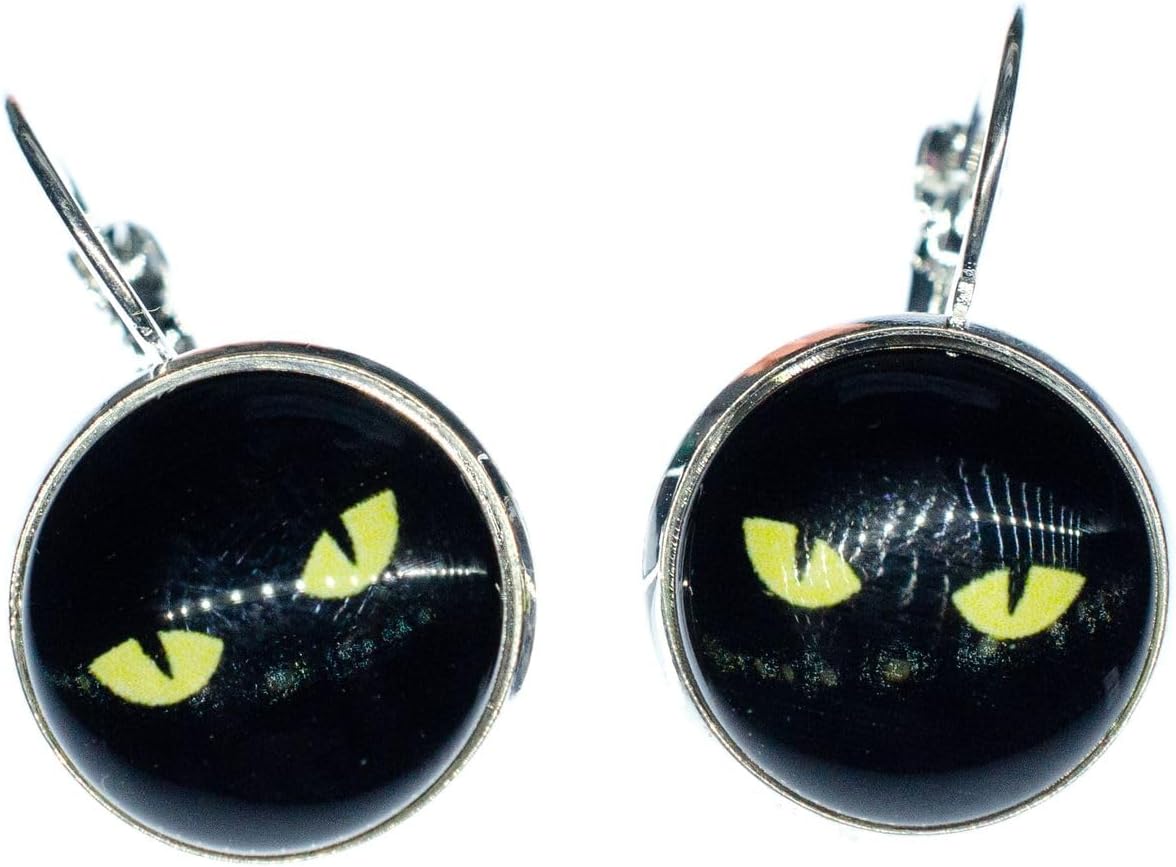 Miniblings Cabochon Cat Eye Earrings - Handmade Fashion Jewelry I Cats Eyes Halloween Black Yellow - Earring Silver Plated Earrings