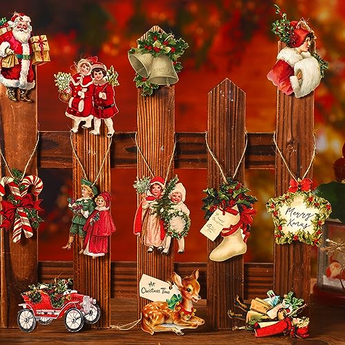 Image of Geelin 24 Pcs Vintage Christmas Ornaments Victorian Xmas Tree Decorations | Santa Claus Candy Cane Wood Cutouts, Retro Christmas Decorations for Xmas Tree Mantel Home Party Holiday Decor