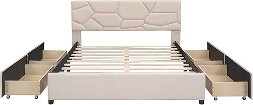 Miniatura 4 de Harper & Bright Designs Cama tapizada de plataforma Queen con 4 cajones de almacenamiento, marco de cama Queen de madera con cabecera de patrón de