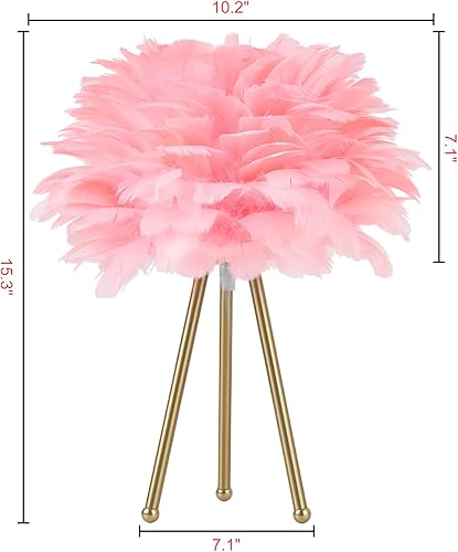 Miniatura 2 de Capslpad Lámpara de mesa con trípode de plumas, lámpara de noche moderna rosa de 15.3 pulgadas, lámpara de mesita de noche con acabado dorado para