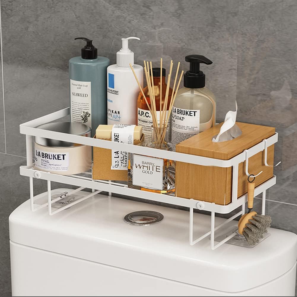 Bathroom Over Toilet Storage Shelf, 2 Tier Bathroom Organizer with Hanging Hooks and Adhesive Base, Over-The-Toilet Storage for Paper Towels Shampoo,Saver Space (White 31x15.2x17cm)