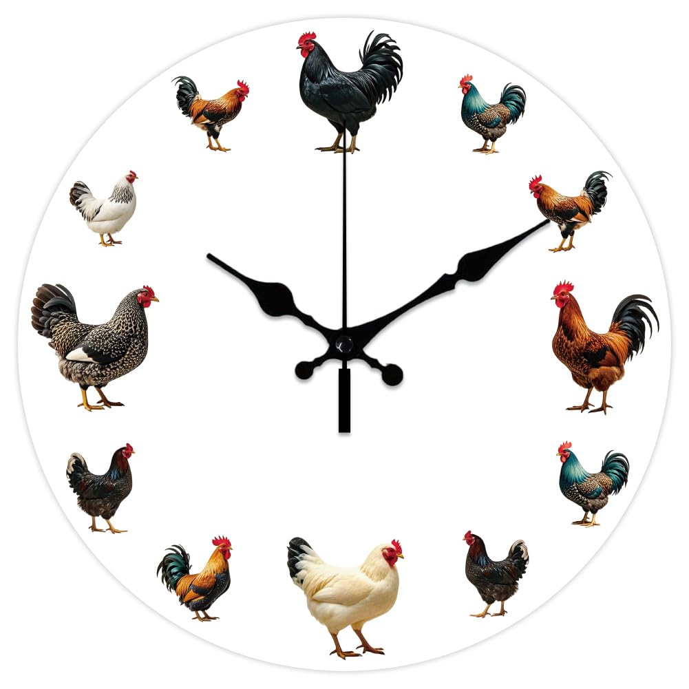 CHGCRAFT 12 Inch All Breeds Chickens Pattern Round Wall Clock Battery Operated Silent Non Ticking, for Bedroom Living Room Kitchen Office Home Decor