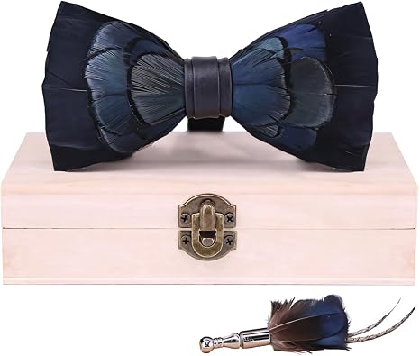 Handcrafted Pheasant Feather Bow Tie Set Blue Feather Bowties With Lapel Pin Elegant Groom And Groomsmen Accessory For Weddings And Formal Events Includes Customizable Wooden Box