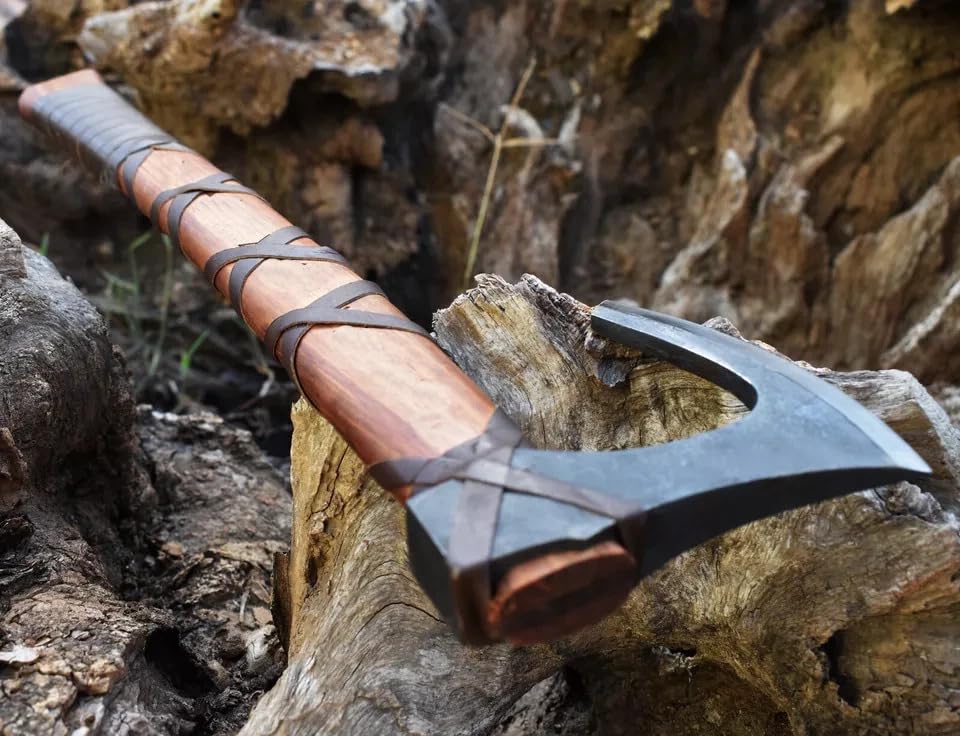 Image of Ragnar Viking Axe - Hand Forged Carbon Steel Hatchet with Leather Sheath | Norse Bearded Axe for Camping, Throwing, Hunting, Outdoor Survival | Gift for Men