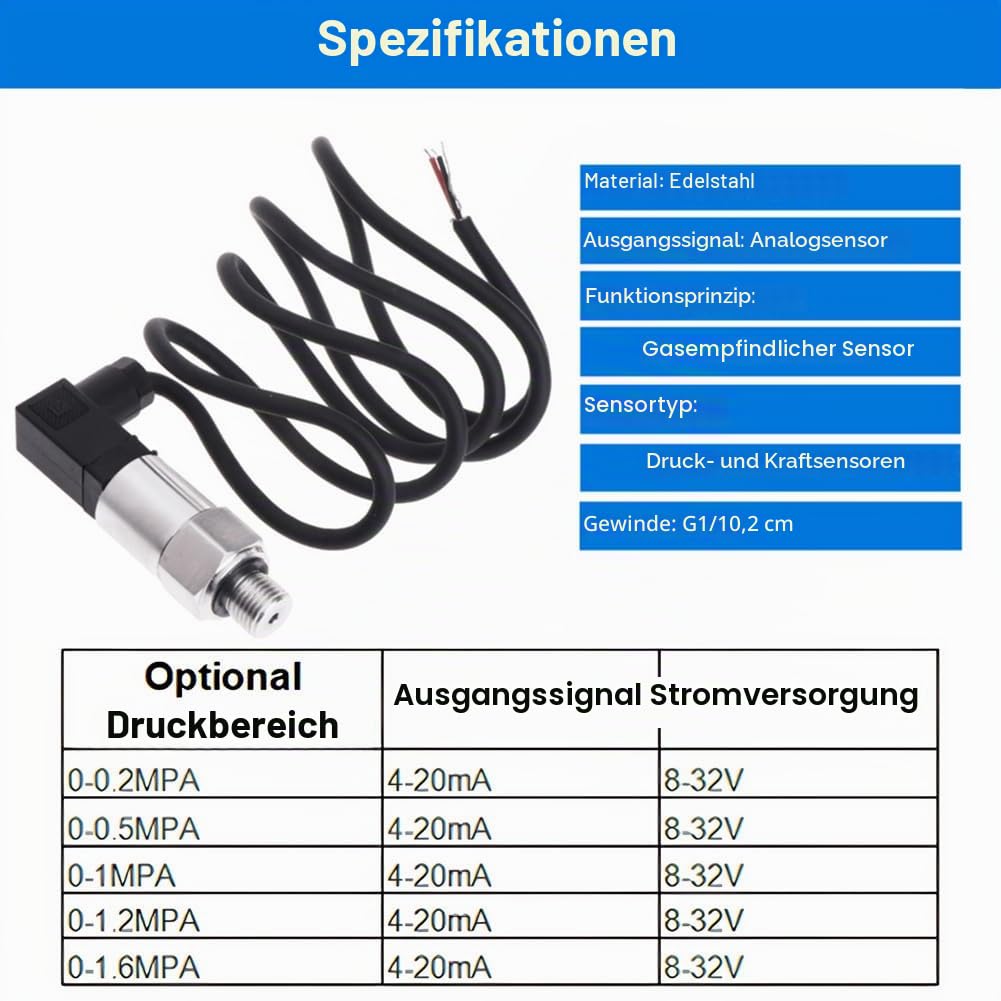 Edelstahl Druckwandler, Drucksensor Silizium Drucktransmitter Sensor Wasserdurchflusssensor 4-20mA Ausgang G1/4" für Wasser Gas Öl (0-1 MPA)