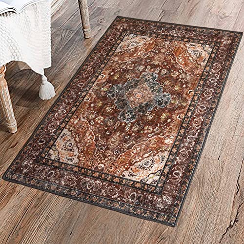 2'X3' Rug Door Vintage Boho Small Rugs For Entryway Indoor Retro Distressed Throw Rugs Persian Carpet Oriental Farmhouse Kitchen Doormat Washable Non Slip Rug Bedroom Kitchen Brown Tan Brick Red Green #TOP2
