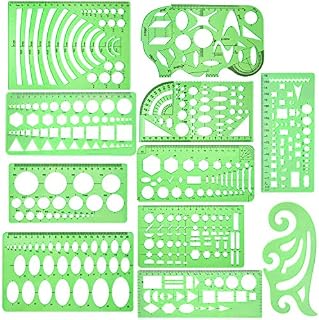 11 Piece Geometric Drawing Template Measuring Ruler, Transparent Green Plastic Ruler with Portable