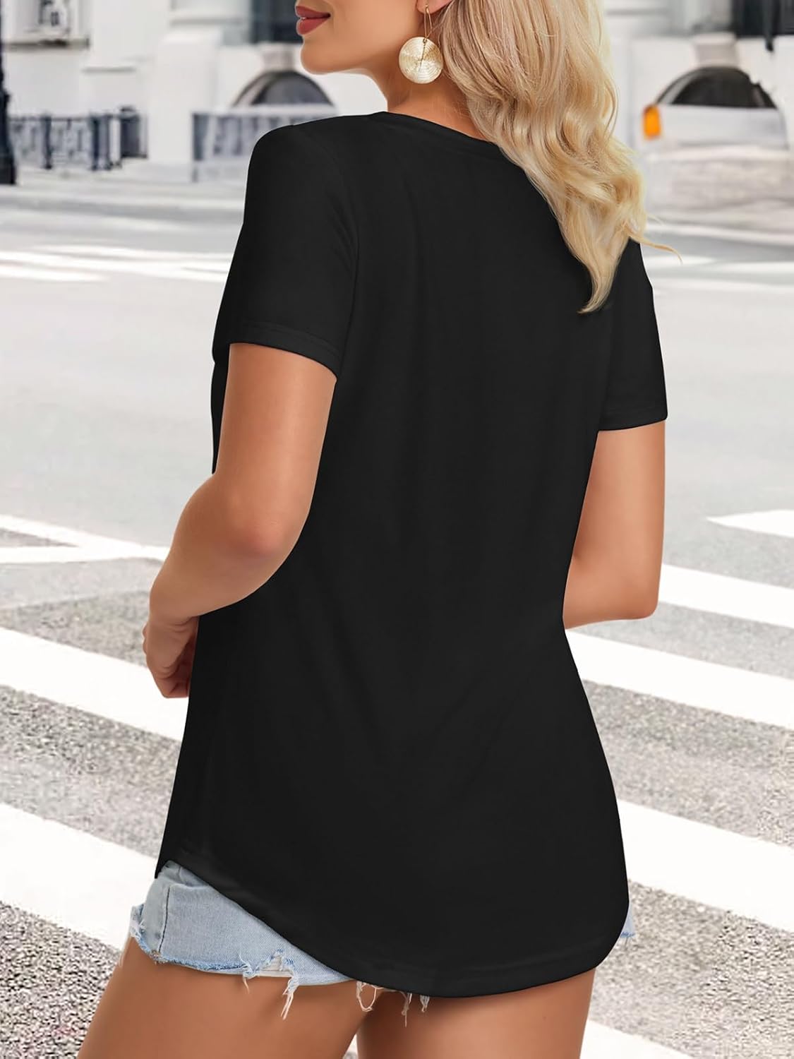 ATHMILE Womens V Neck Short Sleeve Summer T Shirts Curved Hem Plain Top Beach - Image 2