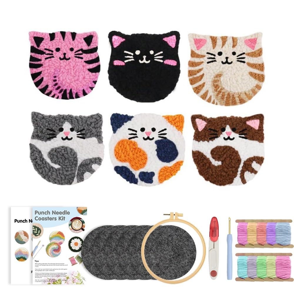 1set Punch Needle Cat Coasters Kit DIY Animal Pattern Embroidery Set Coaster Handmade for DIY(Color1)
