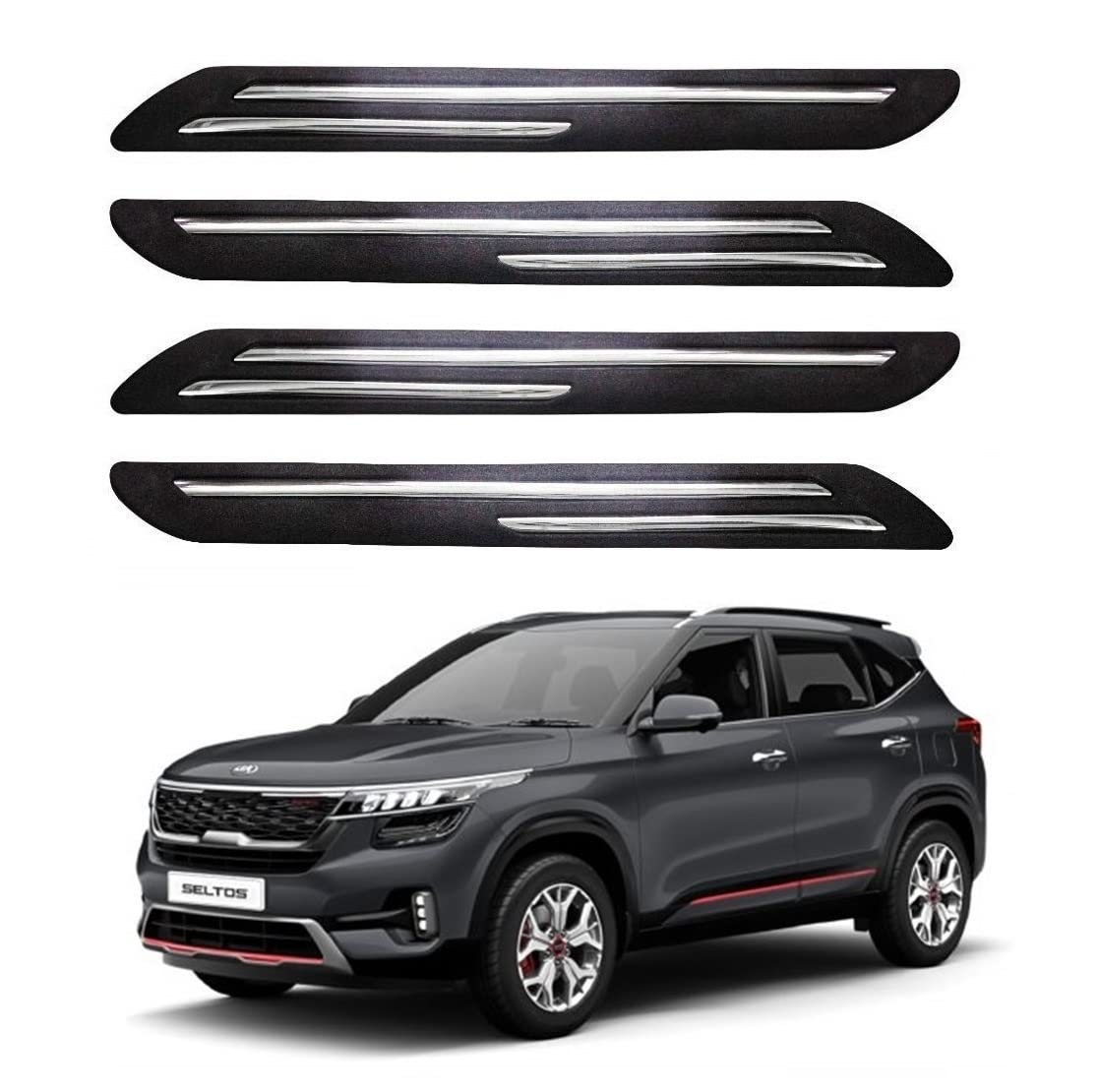 Car Bumper Protector for Kia Seltos (Black, Pack of 4, Chrome Strip