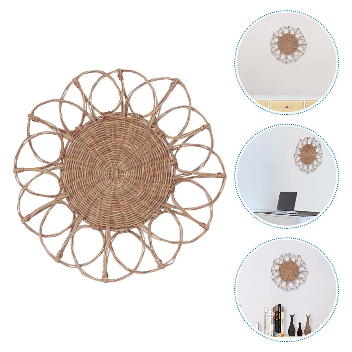 ifundom Adorno Colgante de Ratán Tejido a Mano, Decoración Creativa de Pared Redonda Diseño Hueco, Decoración Artesanal para Hogar, Tiendas y Cafeterías, Estilo Natural y Ecológico