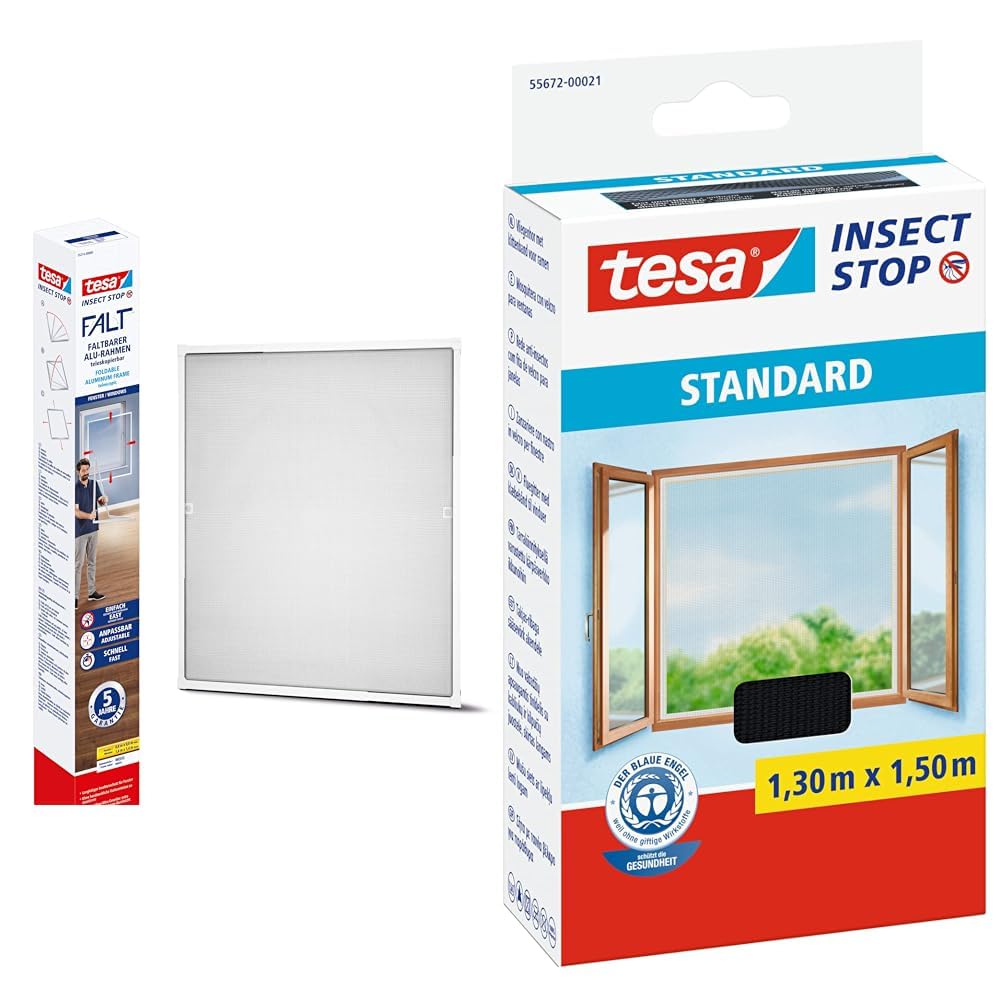 tesa Insect Stop FALT Fenster - Faltbarer Alu-Rahmen & Insect Stop STANDARD Fliegengitter für Fenster - Mückenschutz ohne Bohren - 1 x Fliegen Netz anthrazit - 130 cm x 150 cm || Klettlänge 5,60m