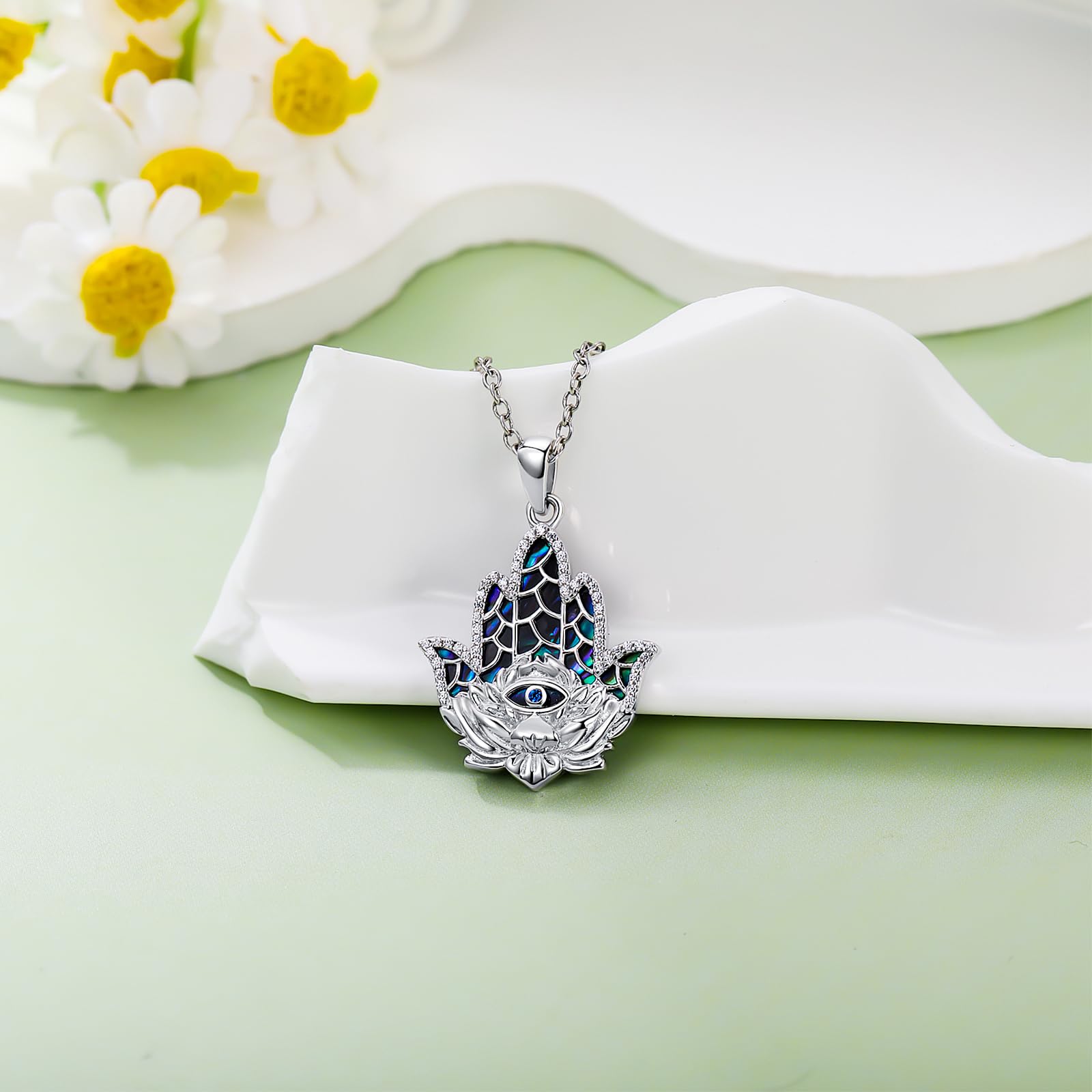 YFN Hamsa Fatima Necklace 925 Sterling Silver Lotus Pendant Necklace Hand of Fatima Abalone Jewellery Gift for Women - Image 3