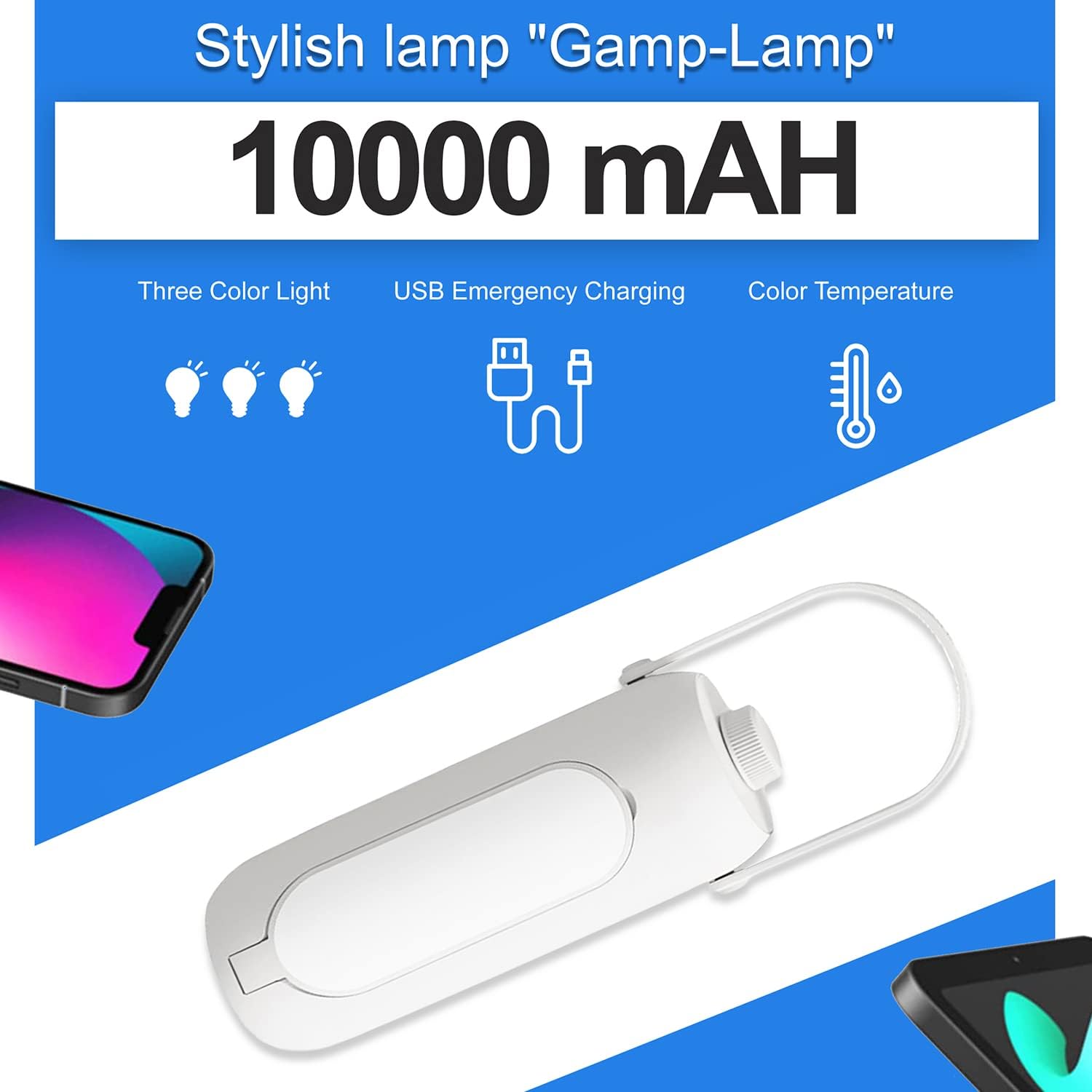 3-in-1 Camping Lamp with Candlelight, White & Mixed Light Modes | Knob-Type Stepless Dimming Camping Light | 10000mah Emergency Handlamp Flashlight | 360° Panoramic Lighting | Type C Fast Charging