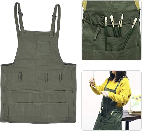 Miniatura 6 de Pilipane Painting Pottery Apron Artist Work Accessory with Pocket Durable Adjustable Canvas Apron for Painting Pottery Drawing Art Green