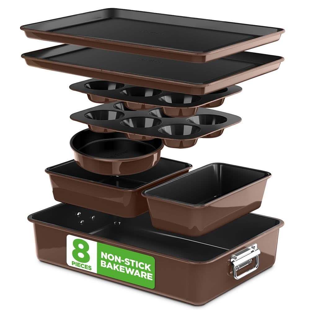 NutriChef Nonstick Stackable Bakeware Set, 8-Piece, Dark Brown