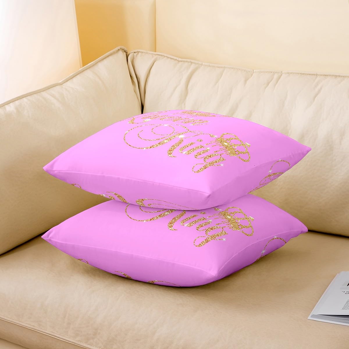 Homemissing Set di 4 federe per cuscini per lui e per lei, per casa, divano, letto, per adolescenti, donne, uomini, rosa, giallo, oro (senza brillantini), 50 x 50 cm, motivo: corona