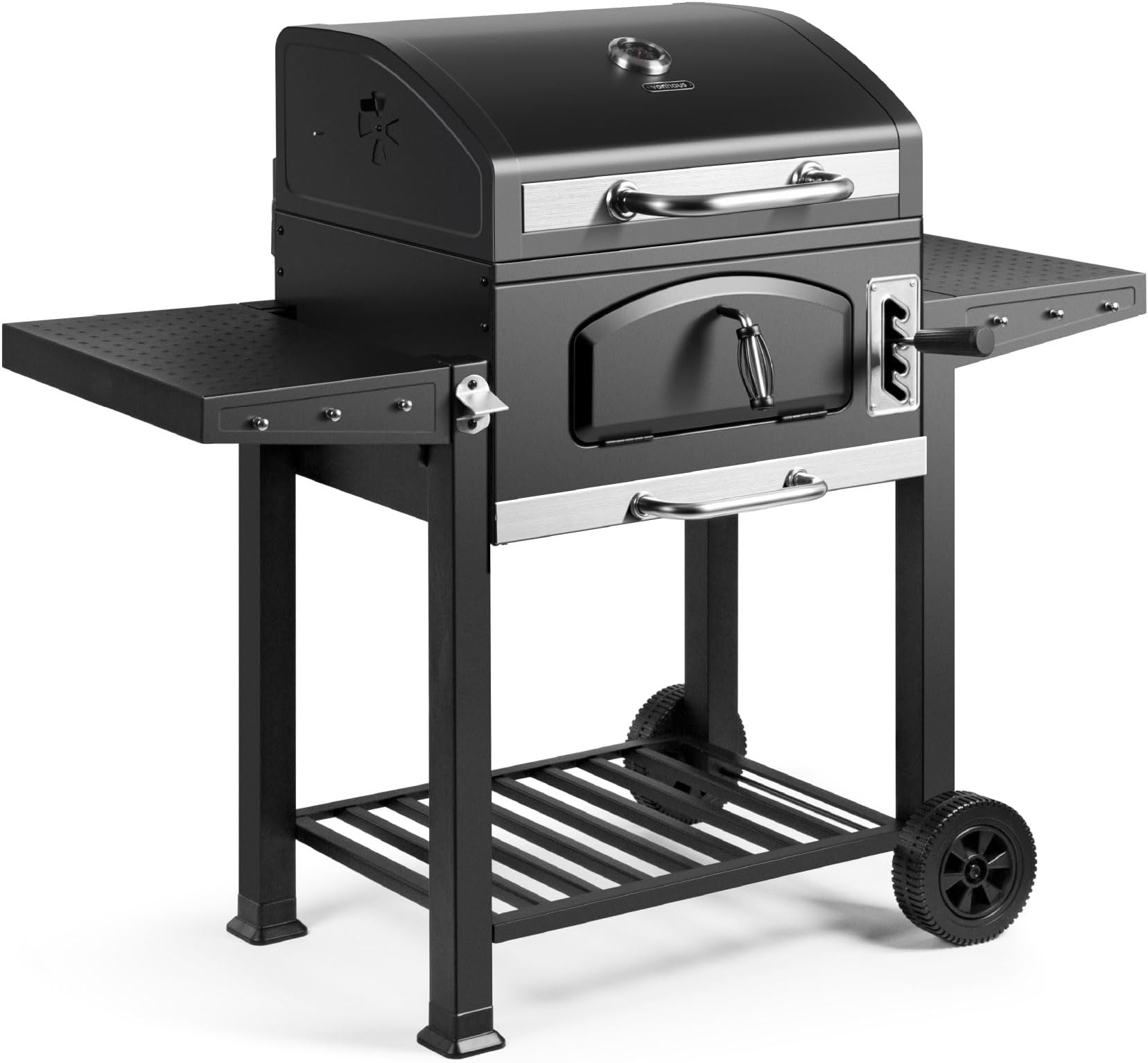 Charcoal BBQ – XL Portable Barbecue with Warming Rack, Fold Down Shelves, Temperature Gauge, Wheels, Cooking Grill, Air Vents – 2 in 1 Barbeque and Smoker – Grill Meat, Fish & Vegetables