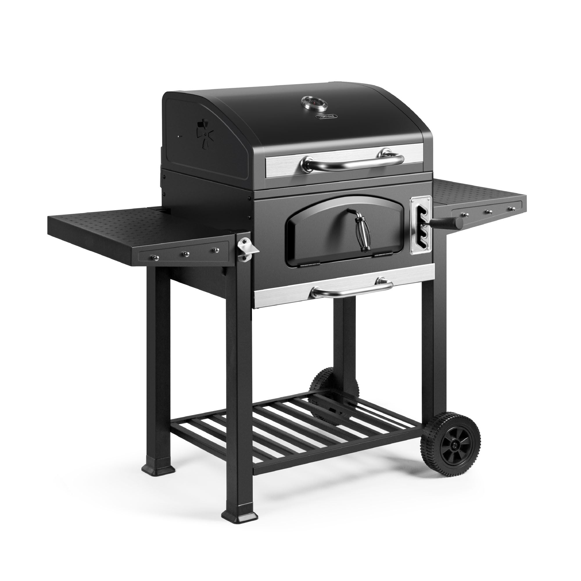 VonHaus Charcoal BBQ – XL Portable Barbecue with Warming Rack, Fold Down Shelves, Temperature Gauge, Wheels, Cooking Grill, Air Vents – 2 in 1 Barbeque and Smoker – Grill Meat, Fish & Vegetables