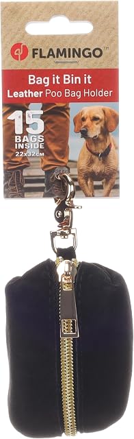 Foto 5 de 6 de Dispensador bolsas caca perro - Sueda Negro - cuero - con cremallera y mosquetón - resistente y elegante