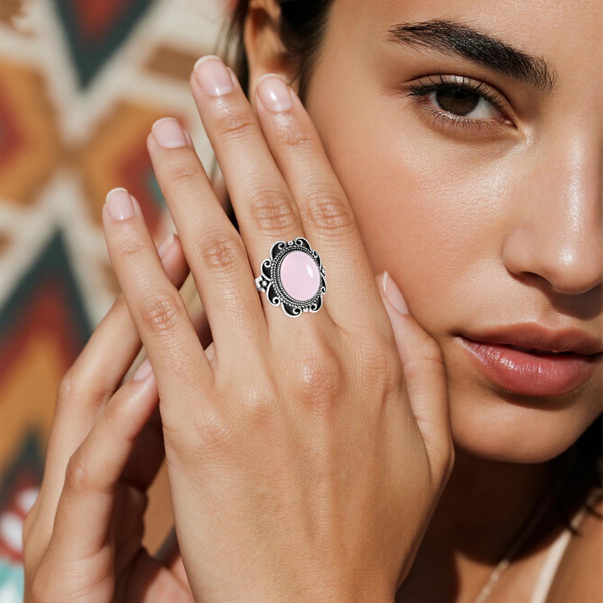 Sterling Silver Natural Stone Ring,Retro Antique Vintage Oval Genuine Real Crystal Quartz Gemstone Wide Boho Bohemian Statement Chunky Ring for Women