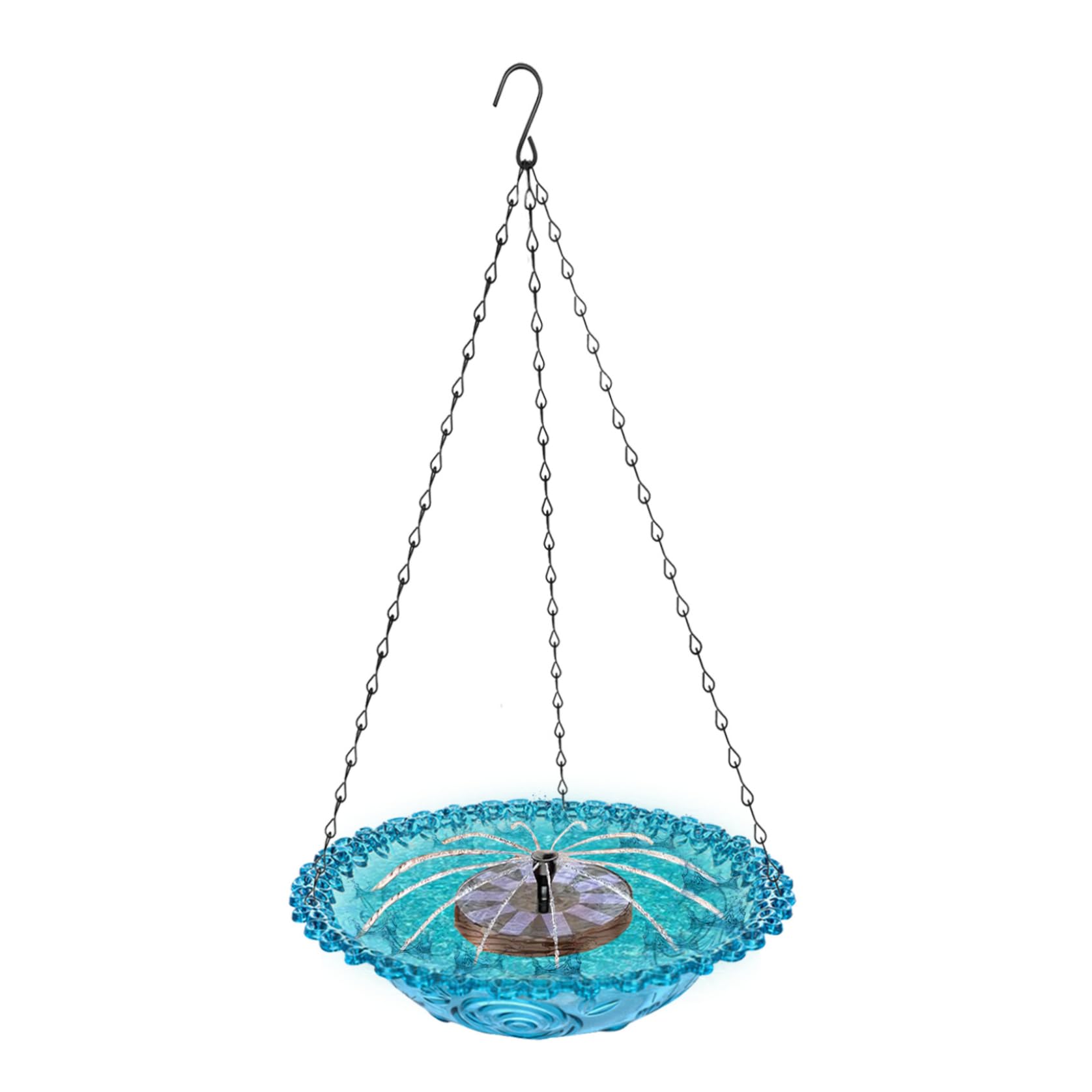 Baño para pájaros colgante evita agua estancada usando fuente solar flotante azul
