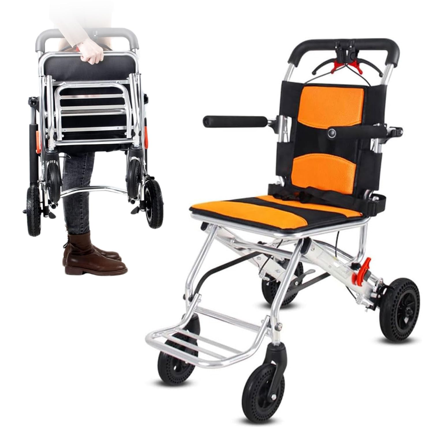 Silla de ruedas de transporte ultraligera, silla de ruedas plegable portátil de viaje con freno de mano, sillas de ruedas para adultos, sillas de ruedas plegables (19,68 x 9,05 x 30,7 pulgadas)
