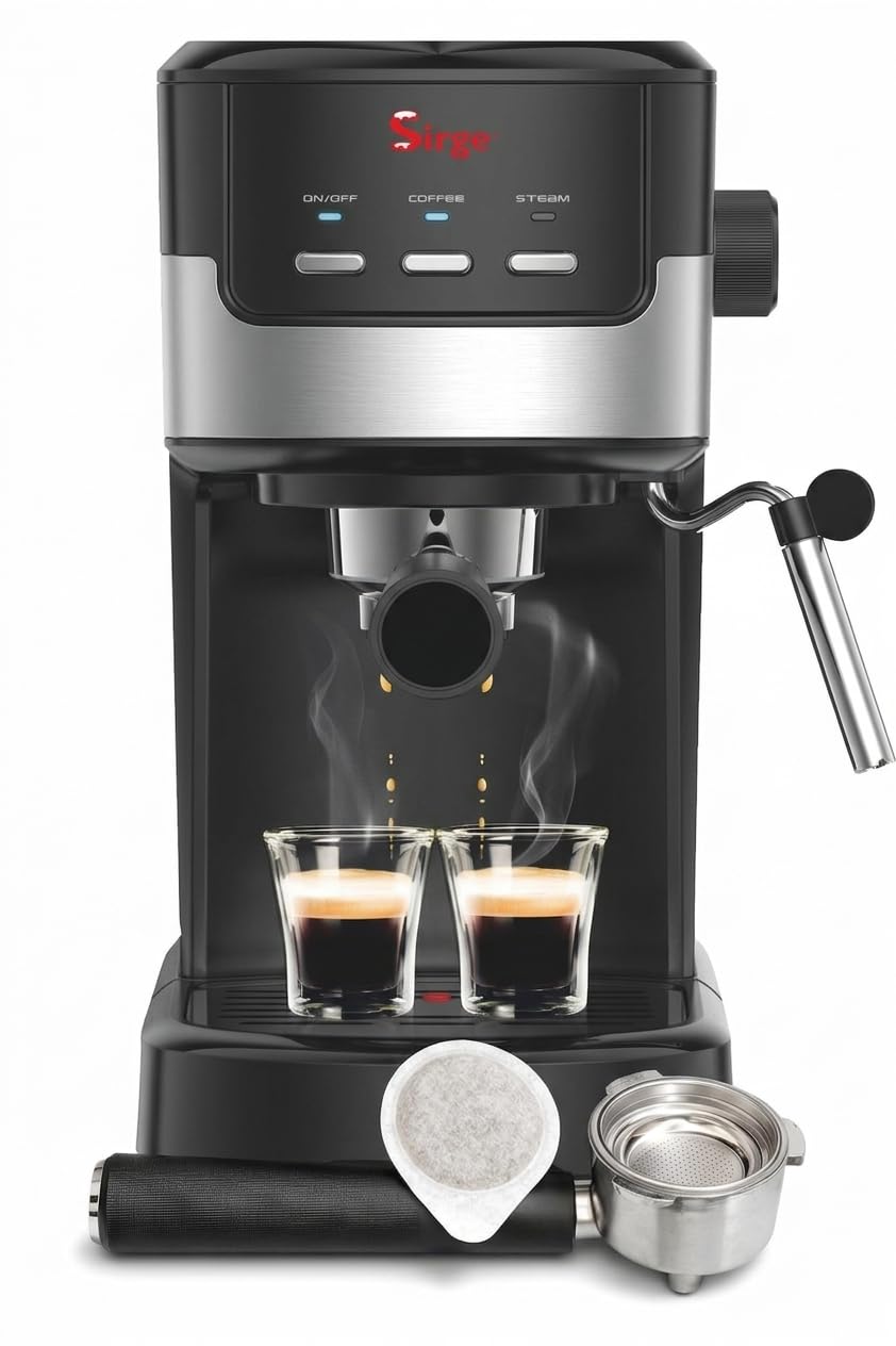 Sirge CREMAEXPRESSO Cafetera, Cafetera Espresso 15 Bares [Bomba italiana] Capacidad 1.2L, 850 W, Espumador de Leche para Cappuccino y Doble removible y Control Tactil, Negro