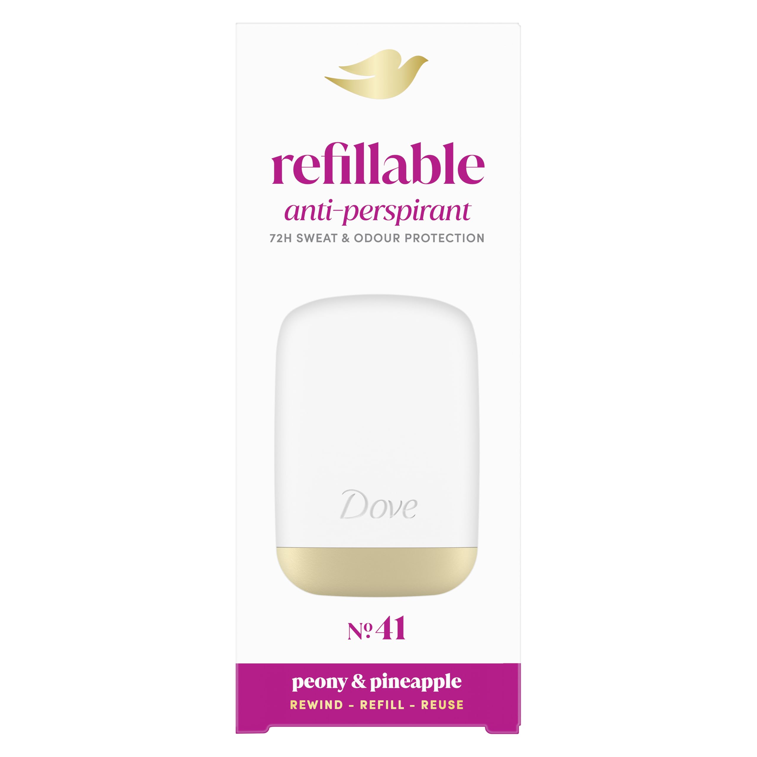 Dove No. 41 Peony & Pineapple Anti-Perspirant Starter Kit women's antiperspirant stick styled to last with 72h odour protection, with Dove's signature care, dermatologically tested, 1 x 35 ml refill