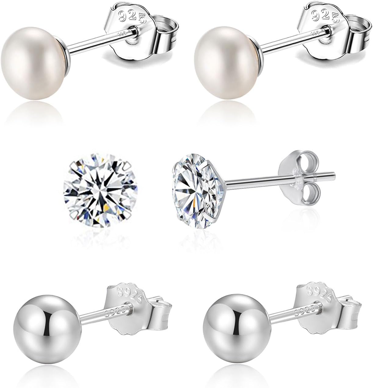 925 Sterling Silver Earrings Set 3PCS 3-5mm Tiny Ball CZ Pearl Stud Earrings Cartilage Studs for Women