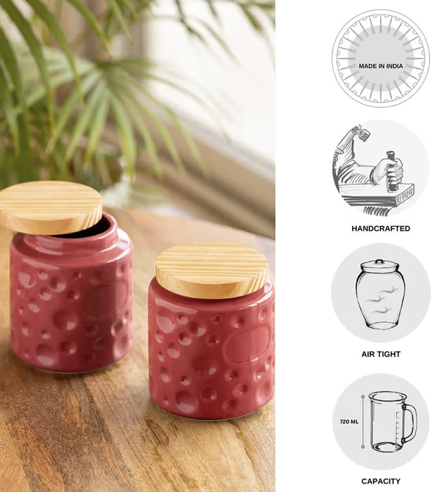 Image of Ceramic Kitchen Storage Jar Set of 2 (750 ml)| Airtight Pink Canisters for Tea, Sugar & Spices | Modern Storage Containers | Airtight Pickle /Barni Jars with Lid | Countertop Food Jars for Kitchen