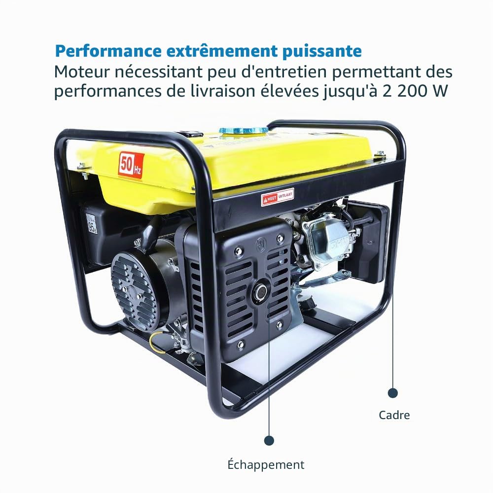 Générateur électrique 2000 W charge maximale 2200 W moteur 4 temps 7 CV Générateur électrique silencieux à essence Inverter Générateur de courant de secours 2 prises Schuko max. 70 d