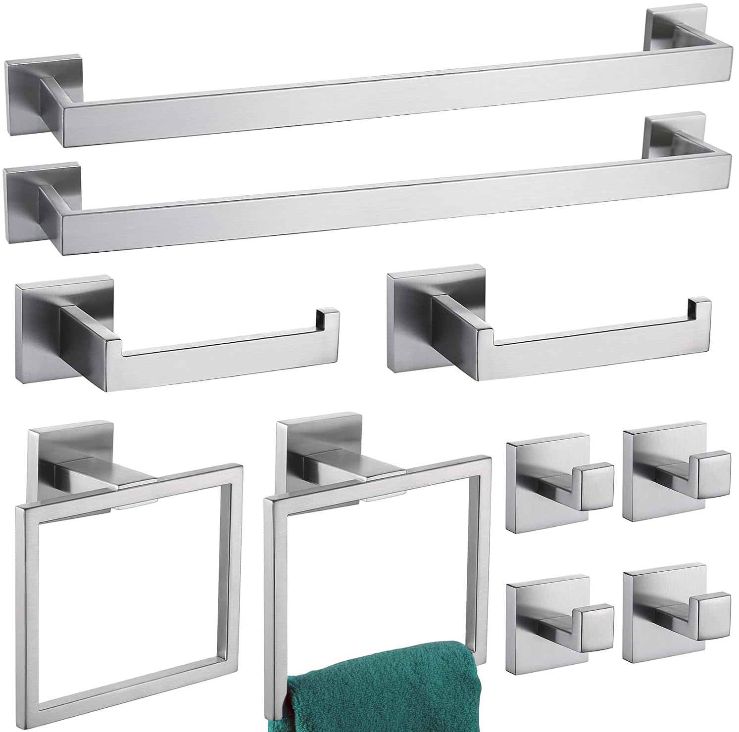 Juego de accesorios de baño de níquel cepillado de 10 piezas, juego de accesorios de baño SUS304 incluye 2 toalleros de 24 pulgadas + 2 anillos de toalla + 2 soportes para papel higiénico + 4 ganchos