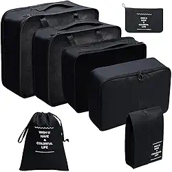 Organizador Viagem Kit 7 Peças - Necessaire para Bagagem Malas Roupas Bolsa Cosméticos Higiene - Dobrável Impermeável Multiuso Feminina Masculina Unissex Grande Compacto Prático (PRETO)